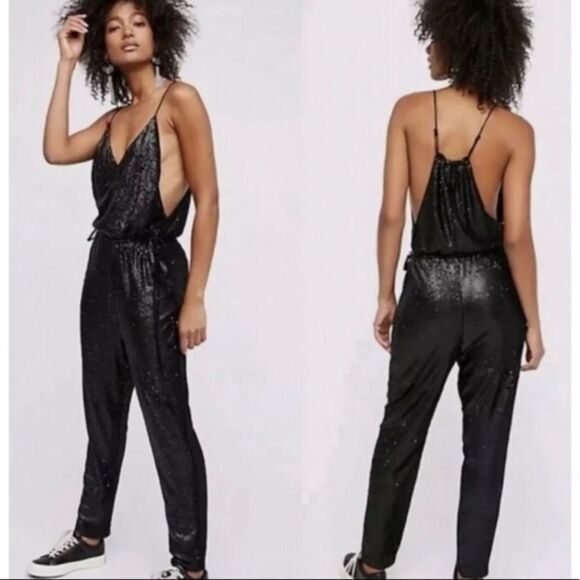 Free People Black All over sequin jumpsuit size xs - Picture 1 of 12